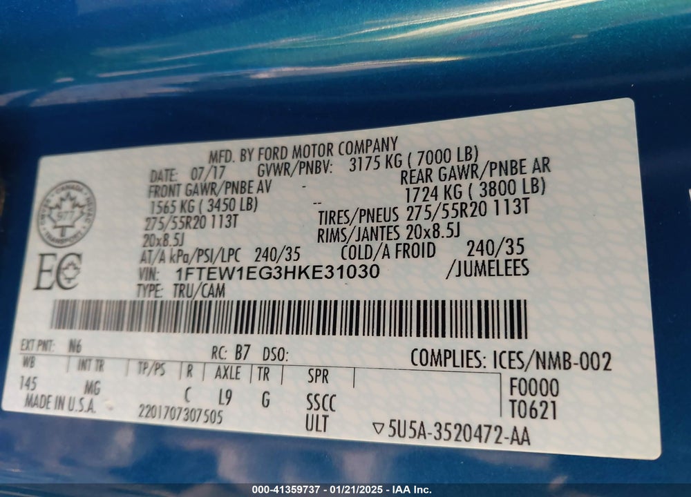 2017 FORD F-150 VIN: 1FTEW1EG3HKE31030