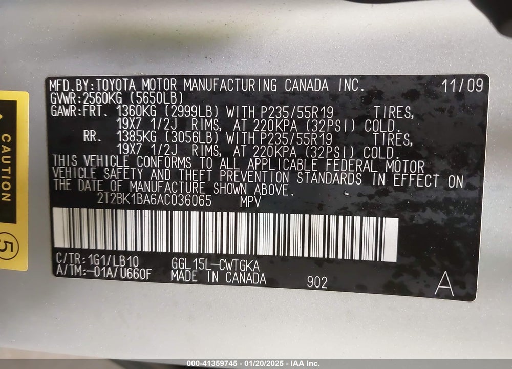 2010 LEXUS RX 350 VIN: 2T2BK1BA6AC036065