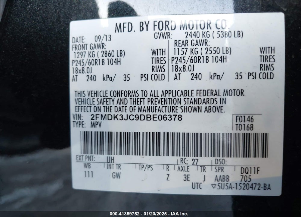 2013 FORD EDGE SEL VIN: 2FMDK3JC9DBE06378
