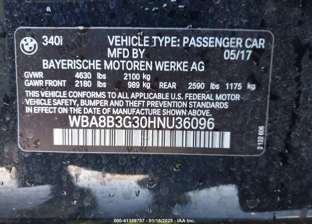 2017 BMW 340I VIN: WBA8B3G30HNU36096