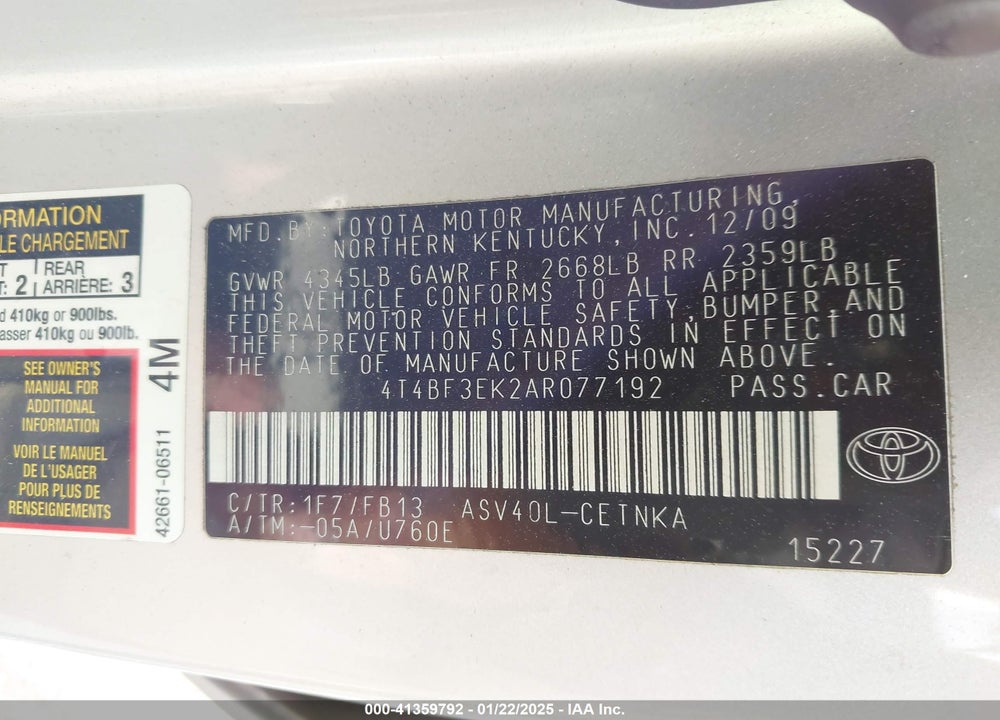2010 TOYOTA CAMRY LE VIN: 4T4BF3EK2AR077192