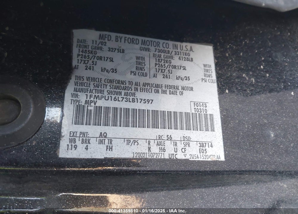 2003 FORD EXPEDITION XLT VIN: 1FMPU16L73LB17597