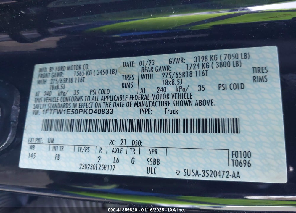 2023 FORD F-150 VIN: 1FTFW1E50PKD40833