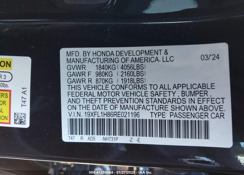 2024 HONDA CIVIC VIN: 19XFL1H86RE021196