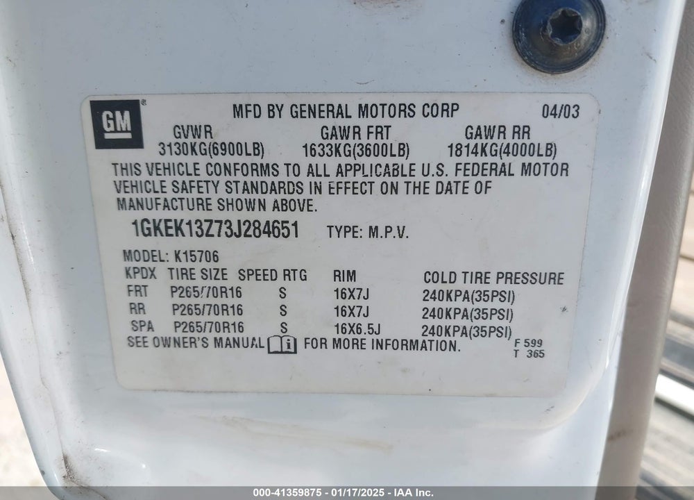 2003 GMC YUKON SLT VIN: 1GKEK13Z73J284651