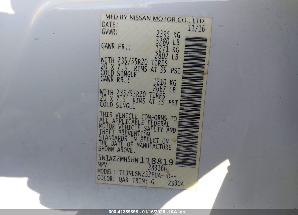2017 NISSAN MURANO PLATINUM VIN: 5N1AZ2MH5HN118819