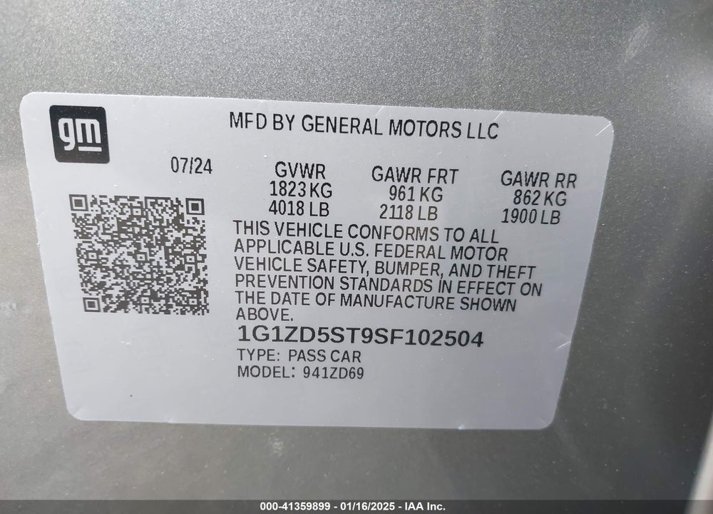 2025 CHEVROLET MALIBU VIN: 1G1ZD5ST9SF102504