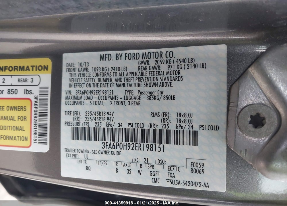 2014 FORD FUSION SE VIN: 3FA6P0H92ER198151