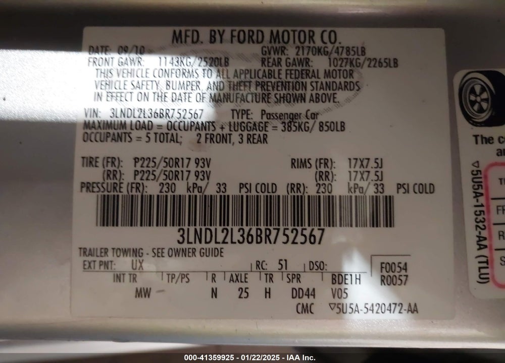 2011 LINCOLN MKZ HYBRID VIN: 3LNDL2L36BR752567