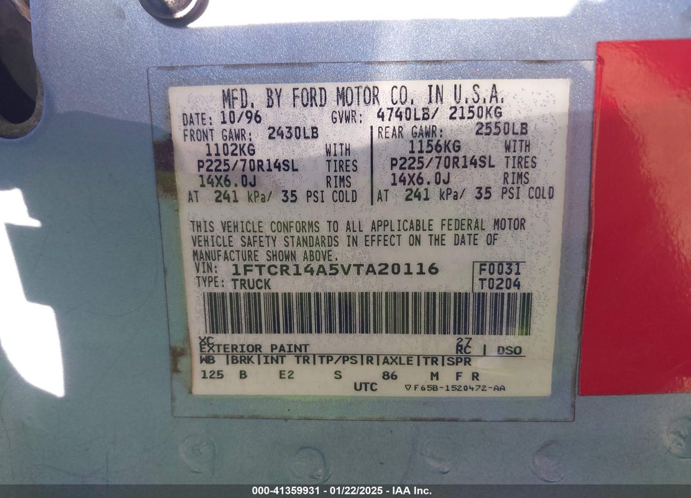1997 FORD RANGER XL/XLT VIN: 1FTCR14A5VTA20116