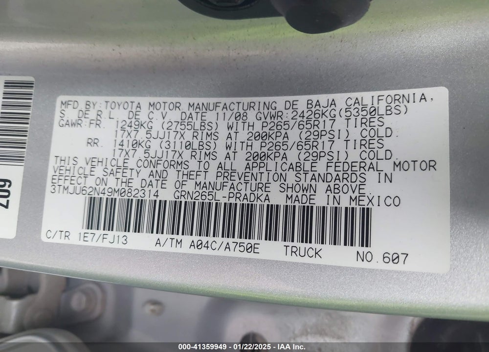 2009 TOYOTA TACOMA DOUBLE CAB PRERUNNER VIN: 3TMJU62N49M082314