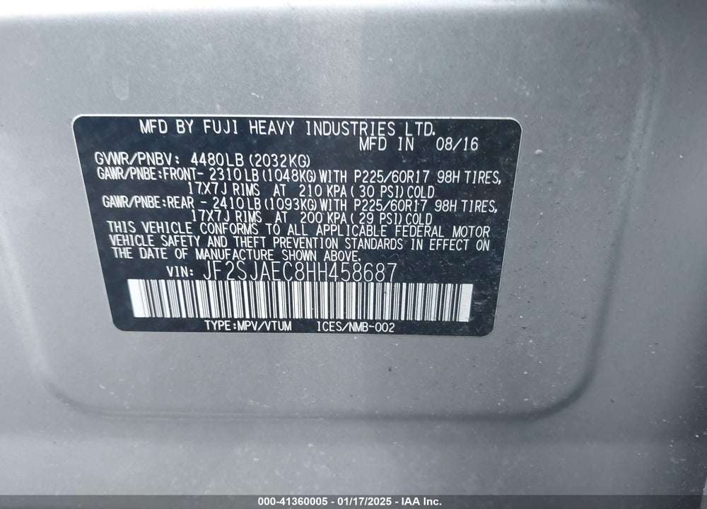2017 SUBARU FORESTER 2.5I PREMIUM VIN: JF2SJAEC8HH458687