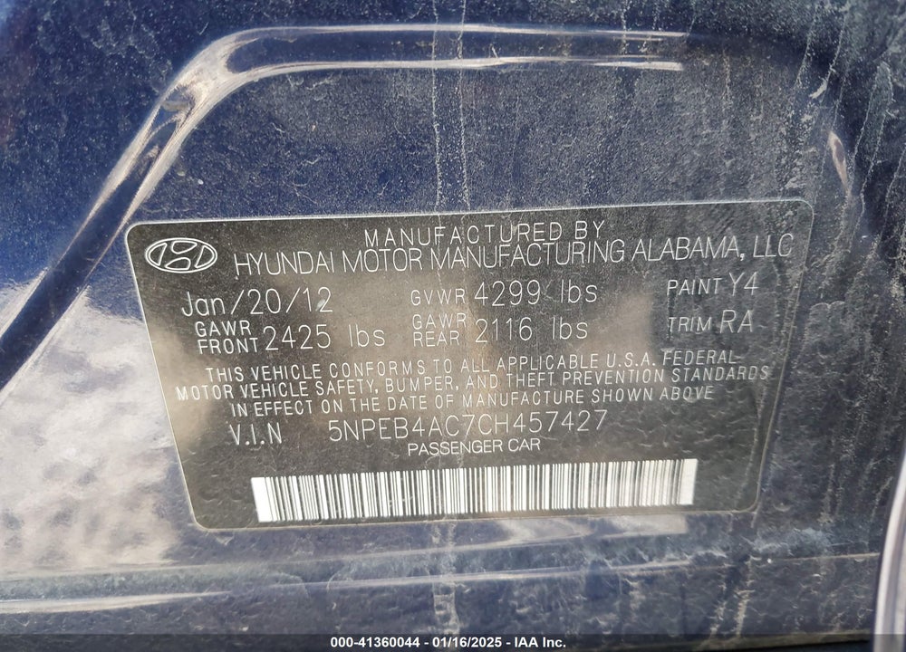 2012 HYUNDAI SONATA VIN: 5NPEB4AC7CH457427