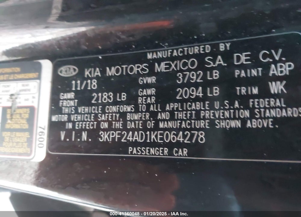 2019 KIA FORTE VIN: 3KPF24AD1KE064278