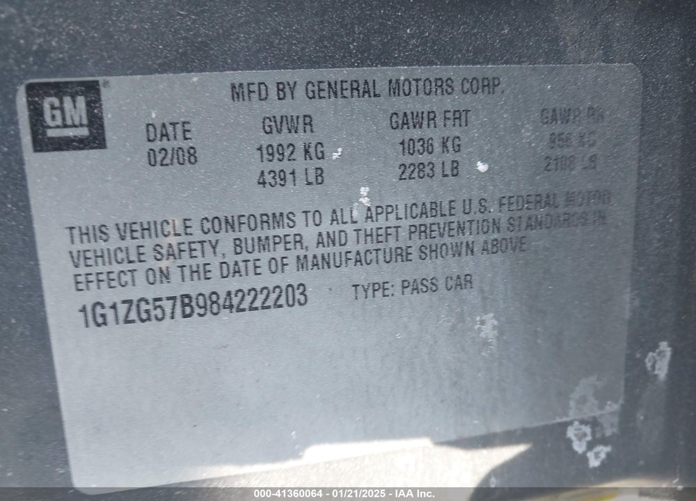 2008 CHEVROLET MALIBU VIN: 1G1ZG57B984222203