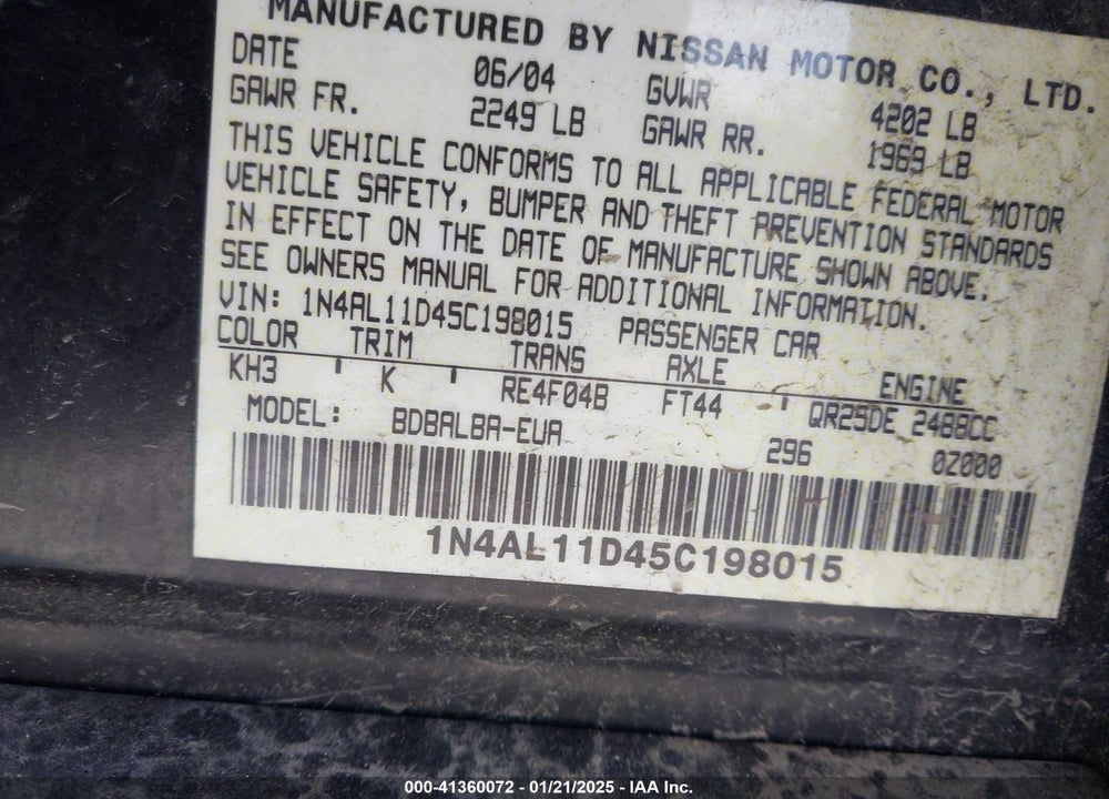 2005 NISSAN ALTIMA VIN: 1N4AL11D45C198015