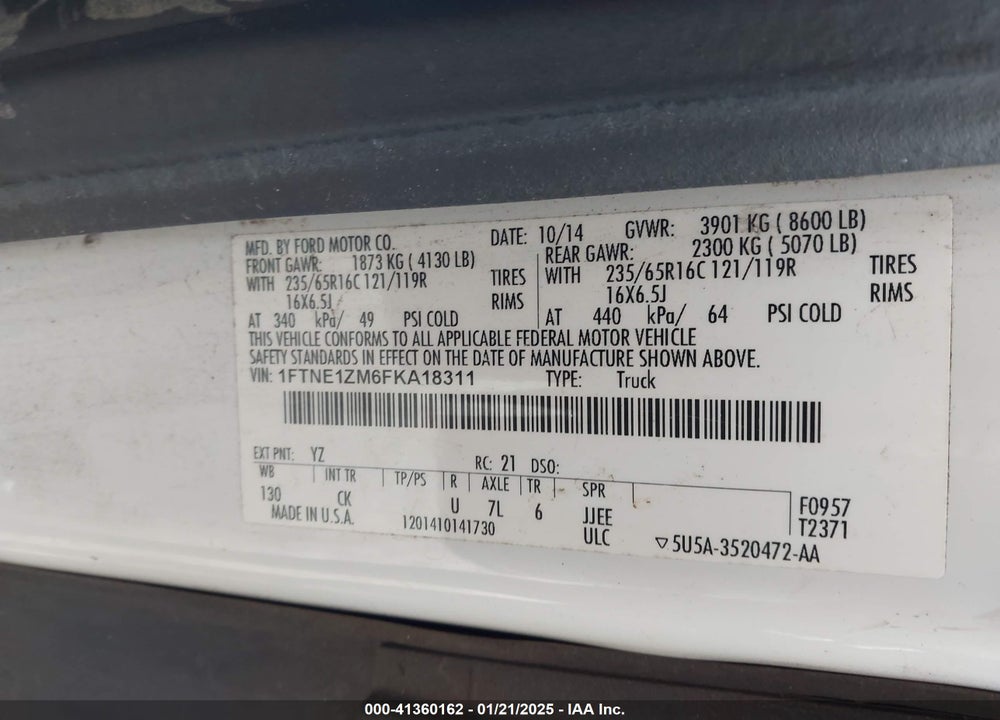 2015 FORD TRANSIT-150 VIN: 1FTNE1ZM6FKA18311