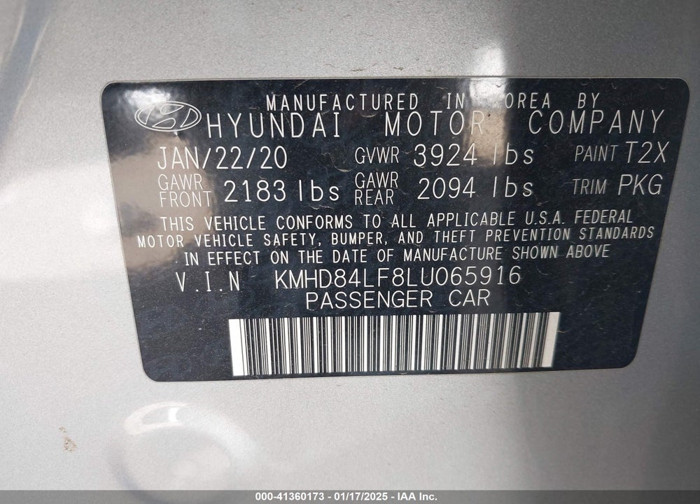 2020 HYUNDAI ELANTRA VIN: KMHD84LF8LU065916