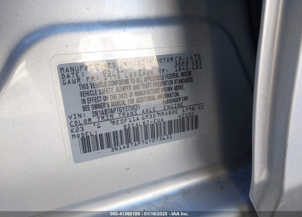 2016 NISSAN SENTRA FE+ S/S/SL/SR/SV VIN: 3N1AB7AP7GY275631