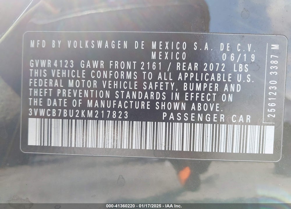2019 VOLKSWAGEN JETTA VIN: 3VWCB7BU2KM217823