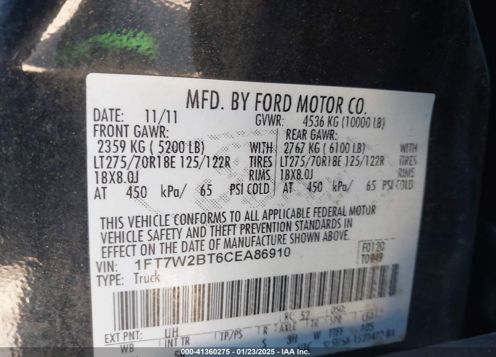 2012 FORD F-250 LARIAT VIN: 1FT7W2BT6CEA86910