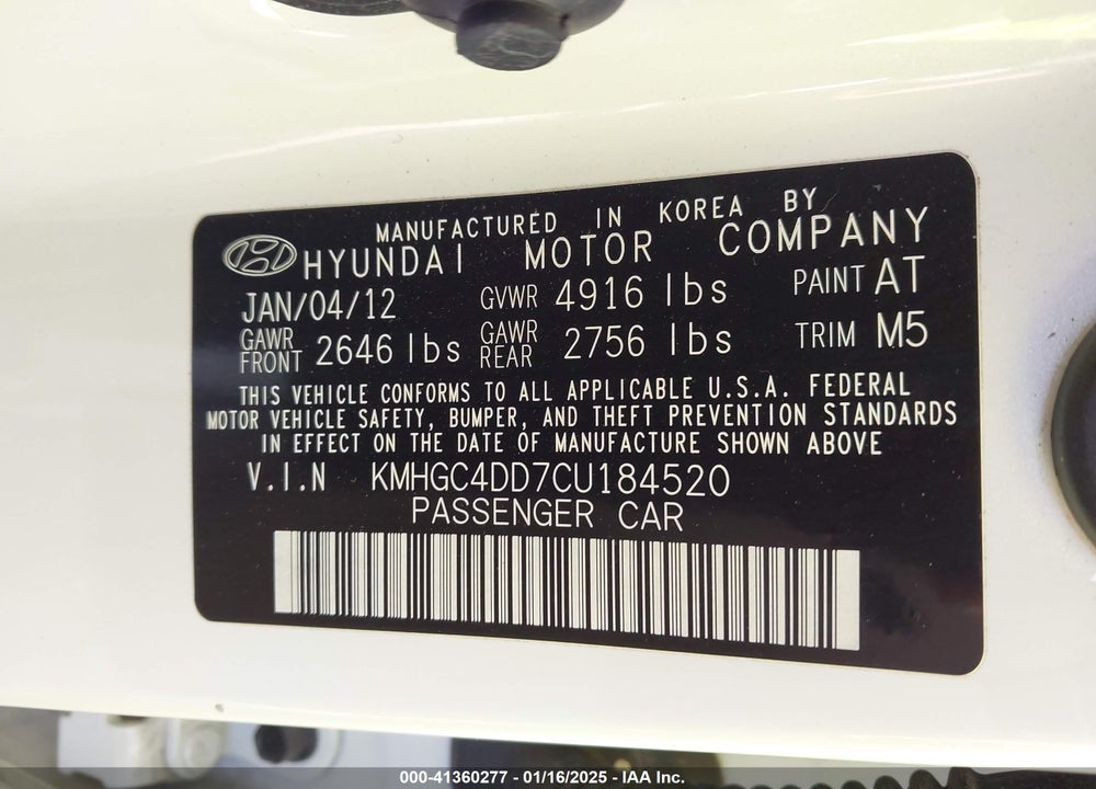 2012 HYUNDAI GENESIS VIN: KMHGC4DD7CU184520