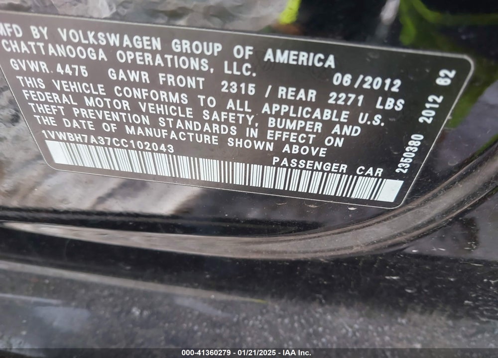 2012 VOLKSWAGEN PASSAT 2.5L SE VIN: 1VWBH7A37CC102043