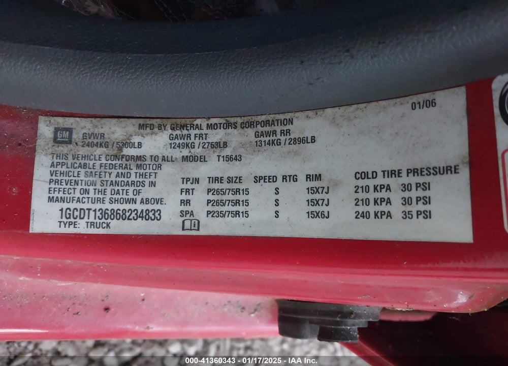 2006 CHEVROLET COLORADO VIN: 1GCDT136868234833