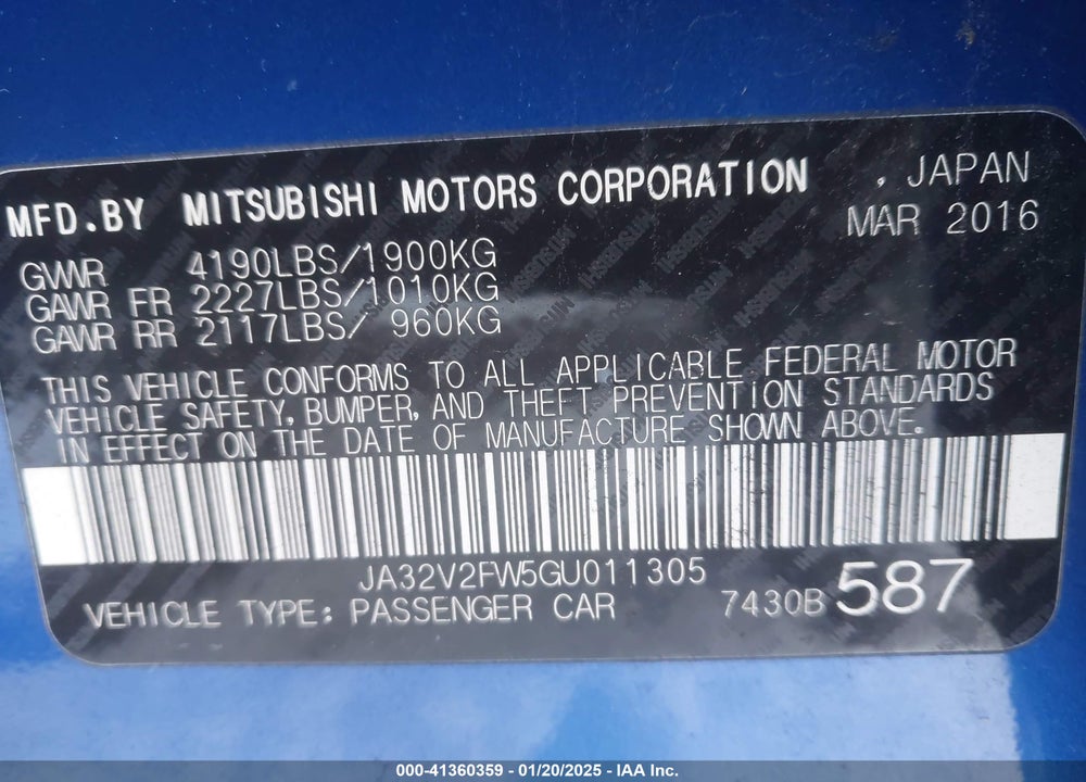 2016 MITSUBISHI LANCER ES VIN: JA32V2FW5GU011305