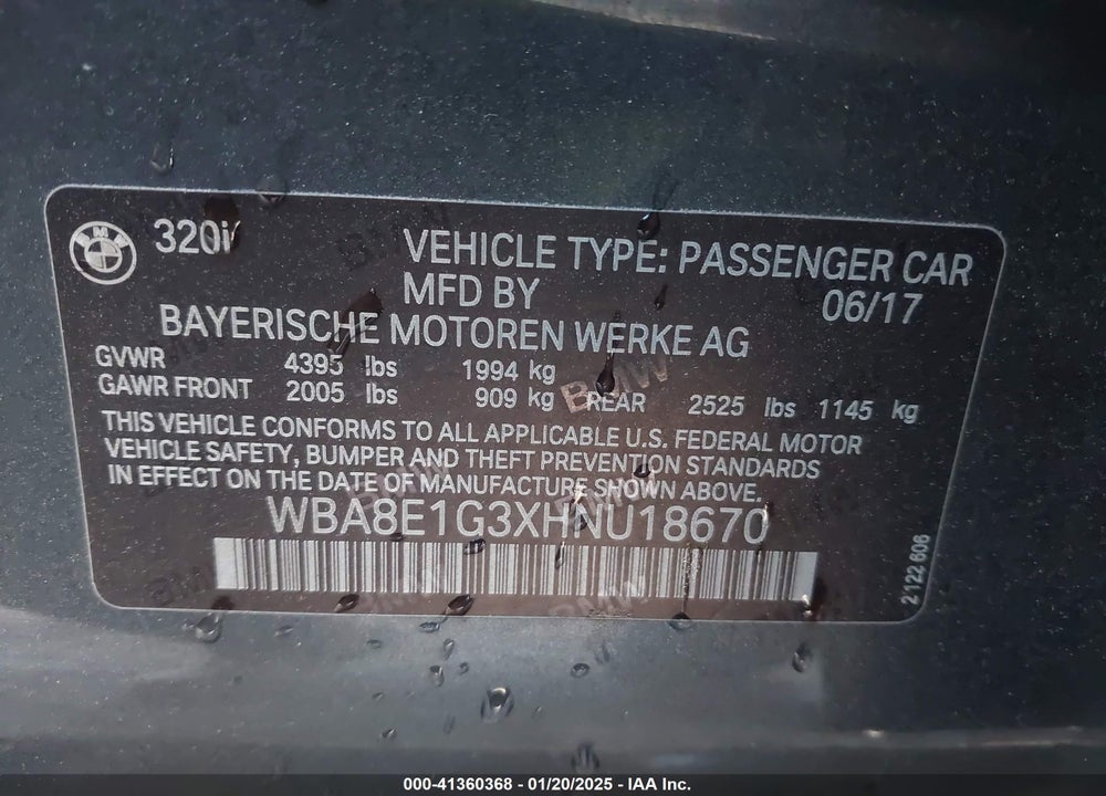 2017 BMW 320I VIN: WBA8E1G3XHNU18670