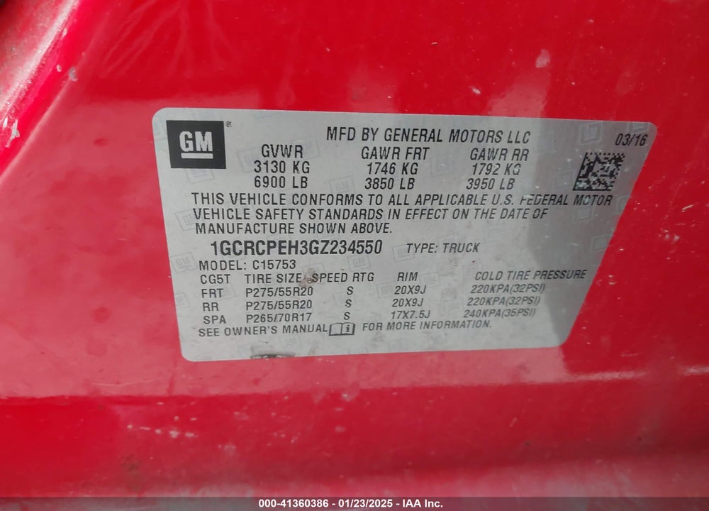 2016 CHEVROLET SILVERADO VIN: 1GCRCPEH3GZ234550
