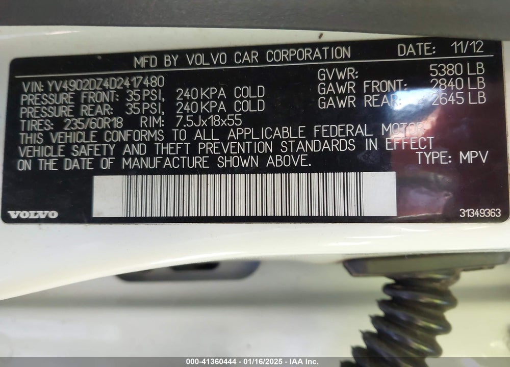 2013 VOLVO XC60 T6 VIN: YV4902DZ4D2417480