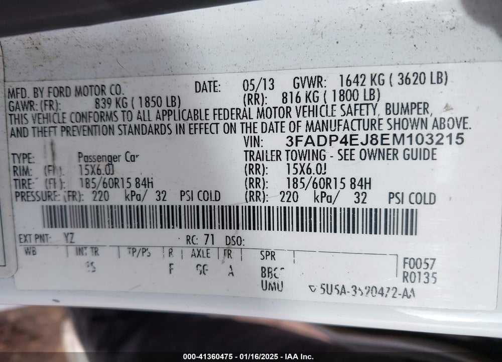 2014 FORD FIESTA SE VIN: 3FADP4EJ8EM103215
