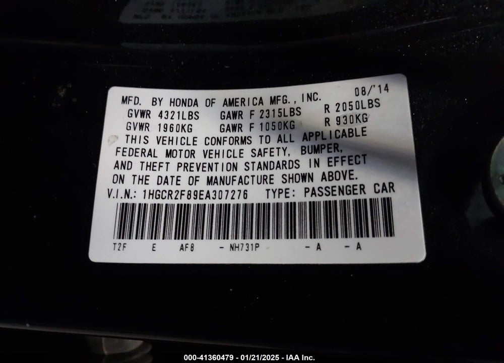 2014 HONDA ACCORD EX-L VIN: 1HGCR2F89EA307276
