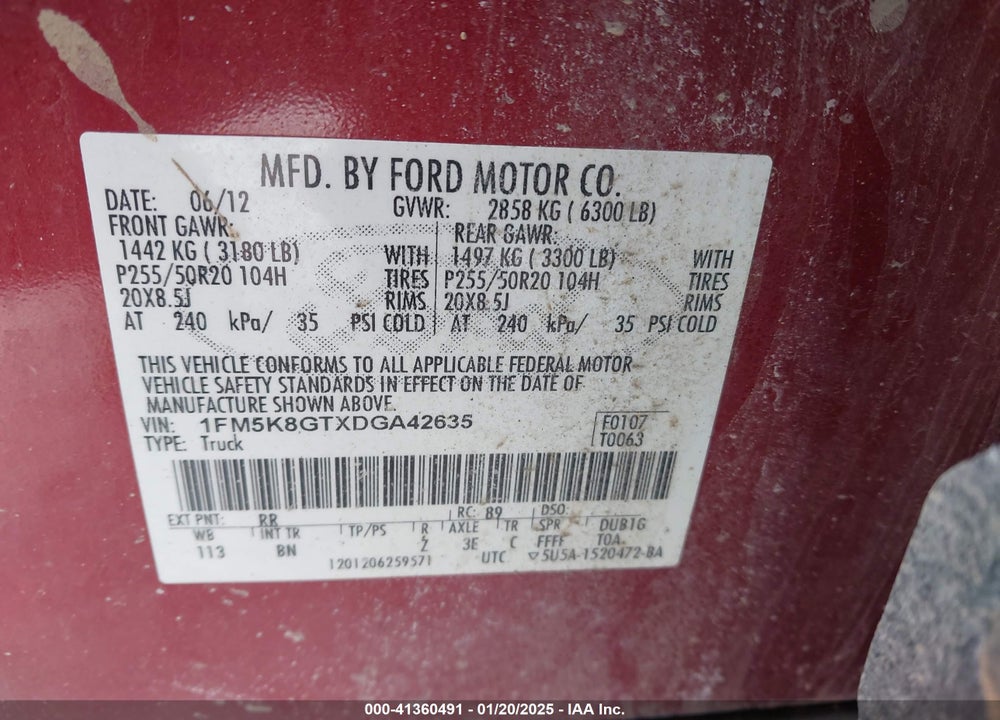 2013 FORD EXPLORER VIN: 1FM5K8GTXDGA42635