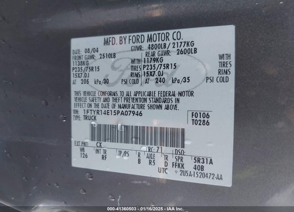 2005 FORD RANGER EDGE/STX/XL/XLT VIN: 1FTYR14E15PA07946