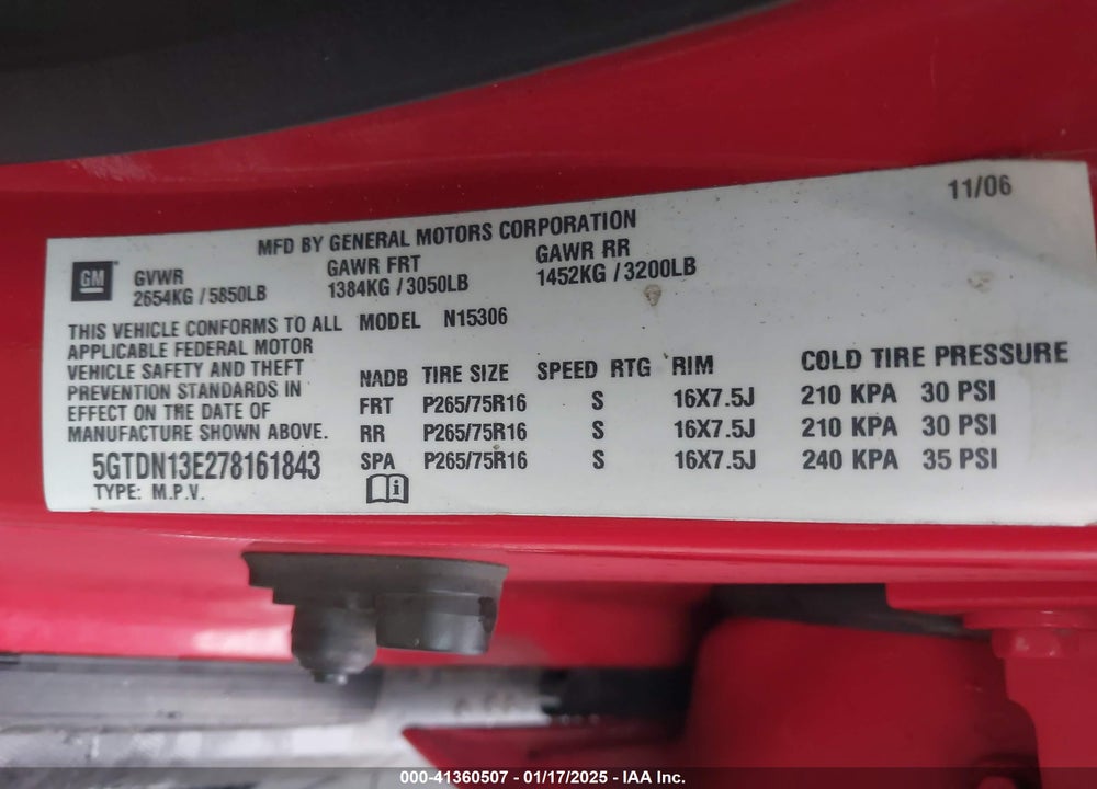 2007 HUMMER H3 SUV VIN: 5GTDN13E278161843