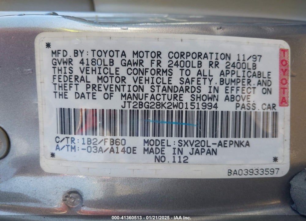 1998 TOYOTA CAMRY LE VIN: JT2BG28K2W0151994