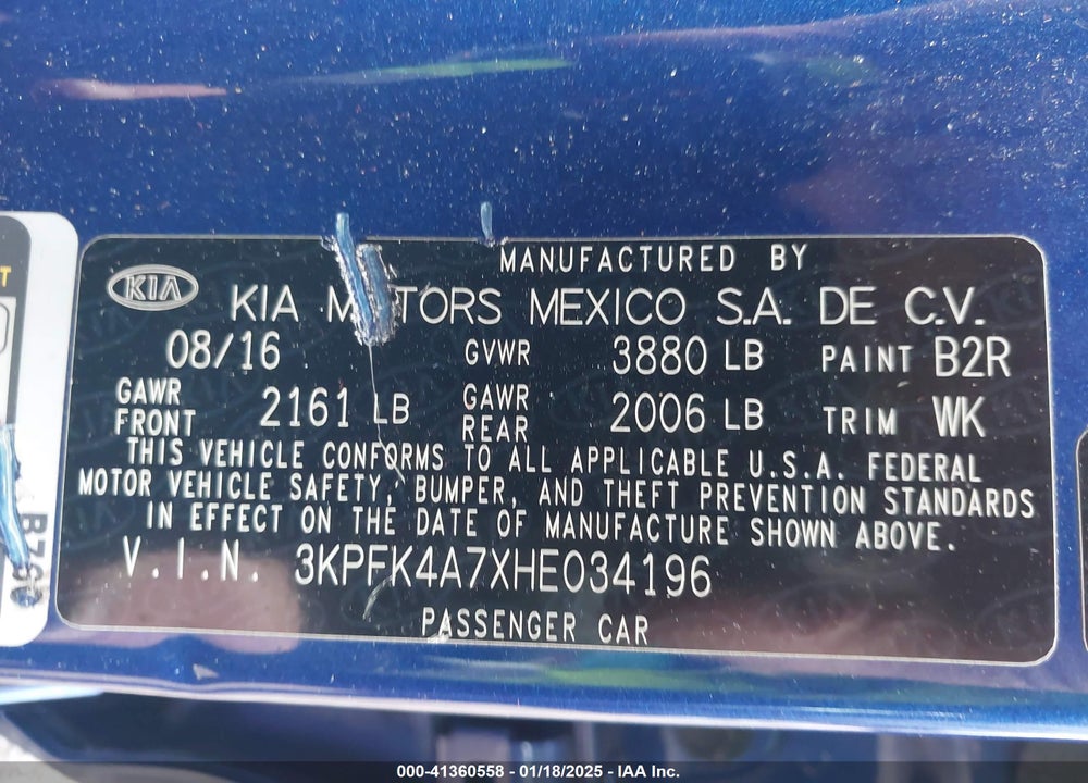 2017 KIA FORTE LX VIN: 3KPFK4A7XHE034196
