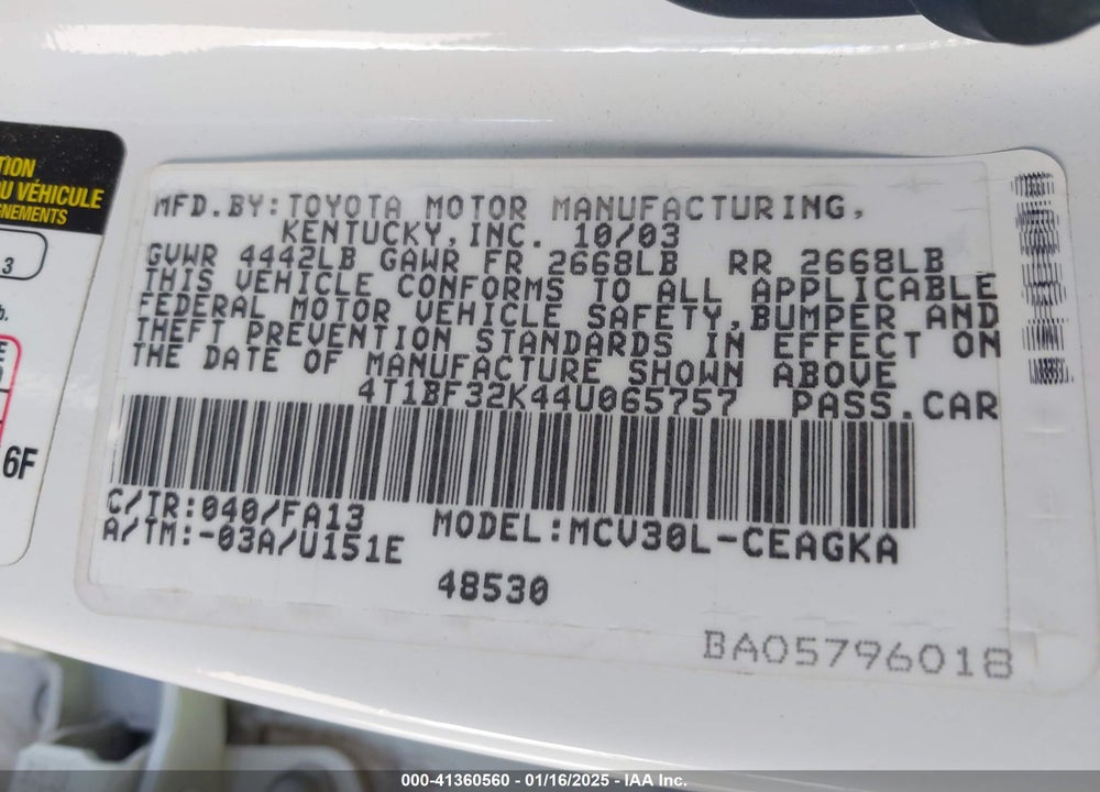 2004 TOYOTA CAMRY XLE V6 VIN: 4T1BF32K44U065757