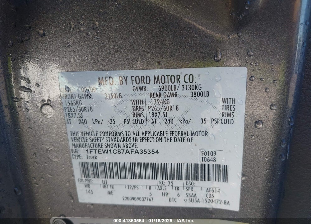 2010 FORD F-150 VIN: 1FTEW1C87AFA35354
