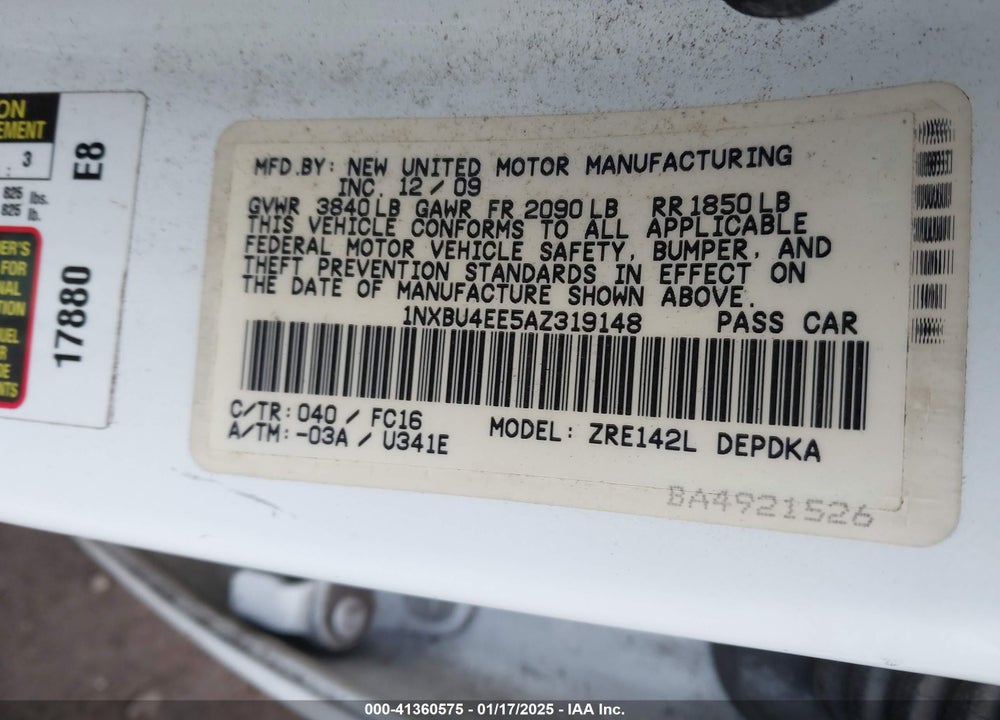 2010 TOYOTA COROLLA LE VIN: 1NXBU4EE5AZ319148