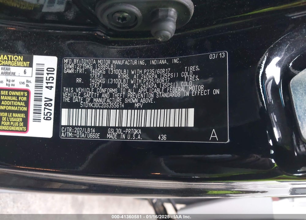 2013 TOYOTA SIENNA XLE LIMITED VIN: 5TDYK3DC2DS355614