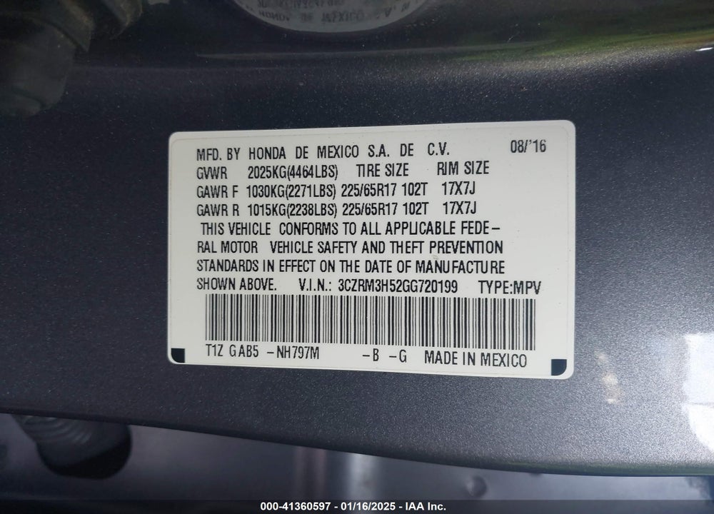 2016 HONDA CR-V EX VIN: 3CZRM3H52GG720199