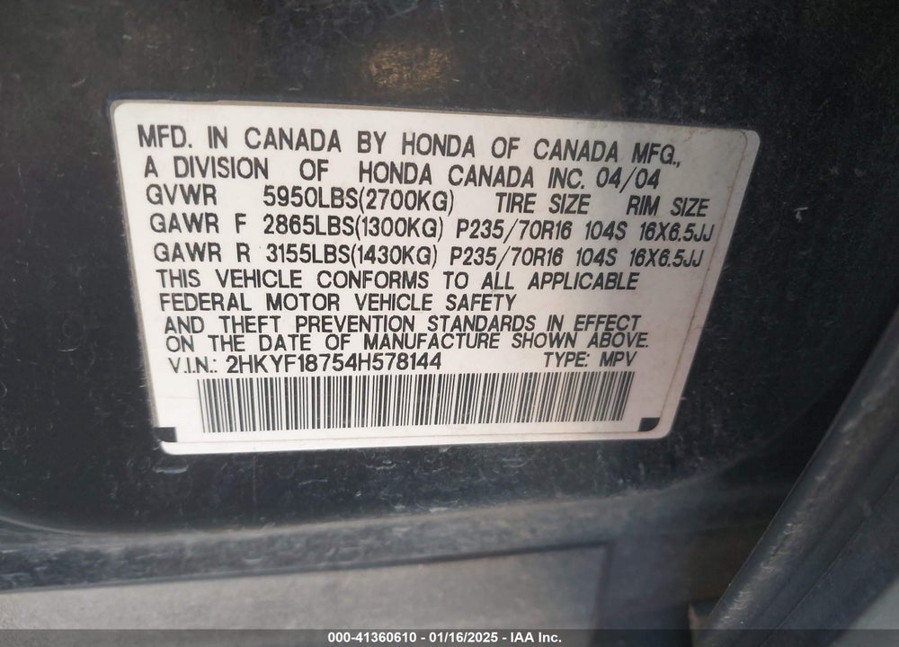 2004 HONDA PILOT EX-L VIN: 2HKYF18754H578144
