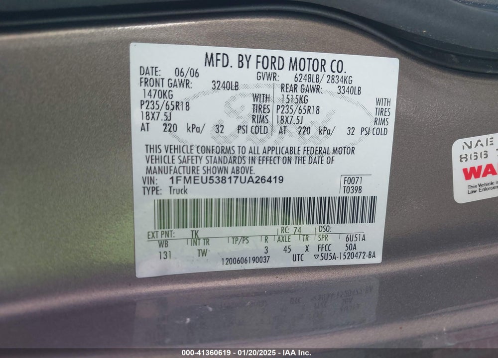 2007 FORD EXPLORER SPORT TRAC LIMITED VIN: 1FMEU53817UA26419