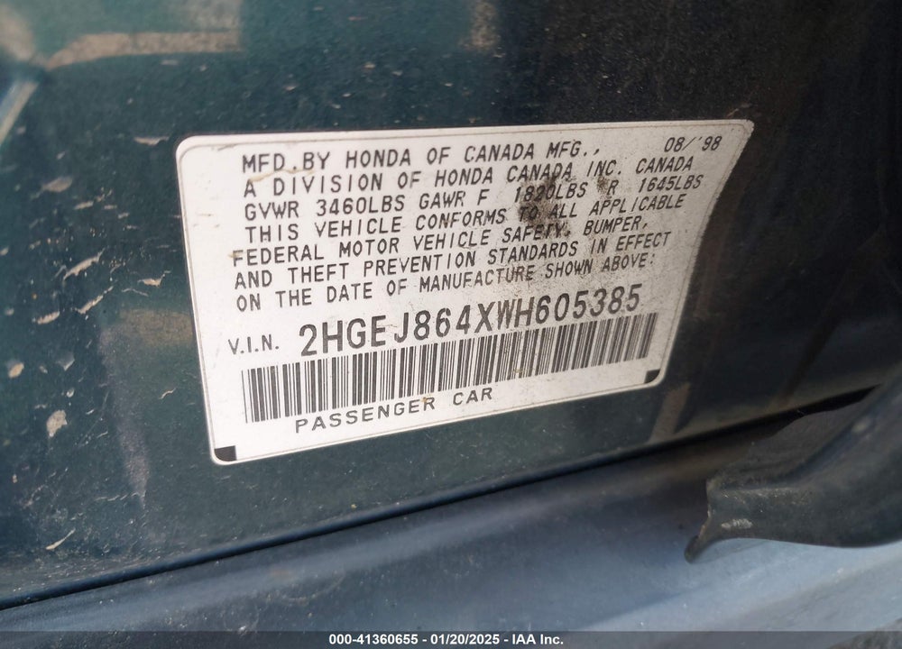 1998 HONDA CIVIC EX VIN: 2HGEJ864XWH605385