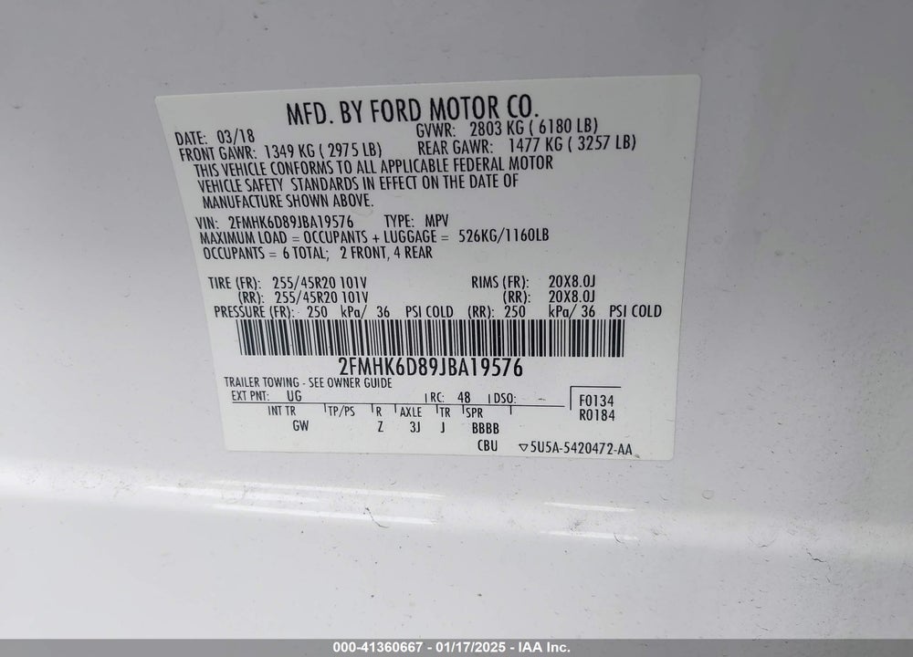 2018 FORD FLEX LIMITED VIN: 2FMHK6D89JBA19576