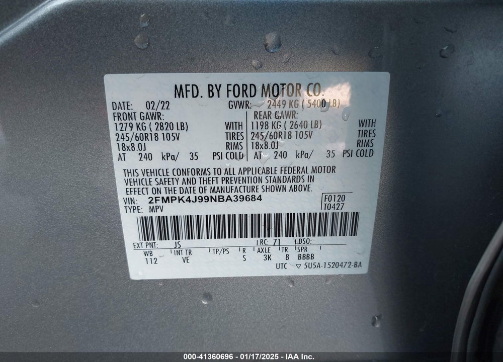 2022 FORD EDGE SEL VIN: 2FMPK4J99NBA39684
