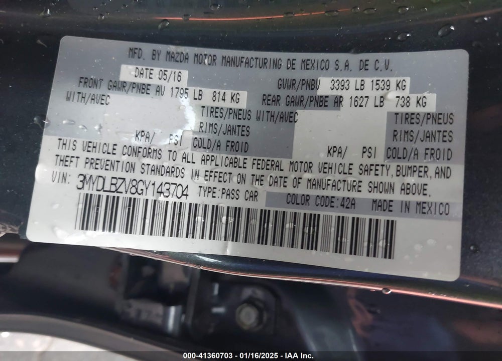 2016 SCION IA VIN: 3MYDLBZV8GY143704